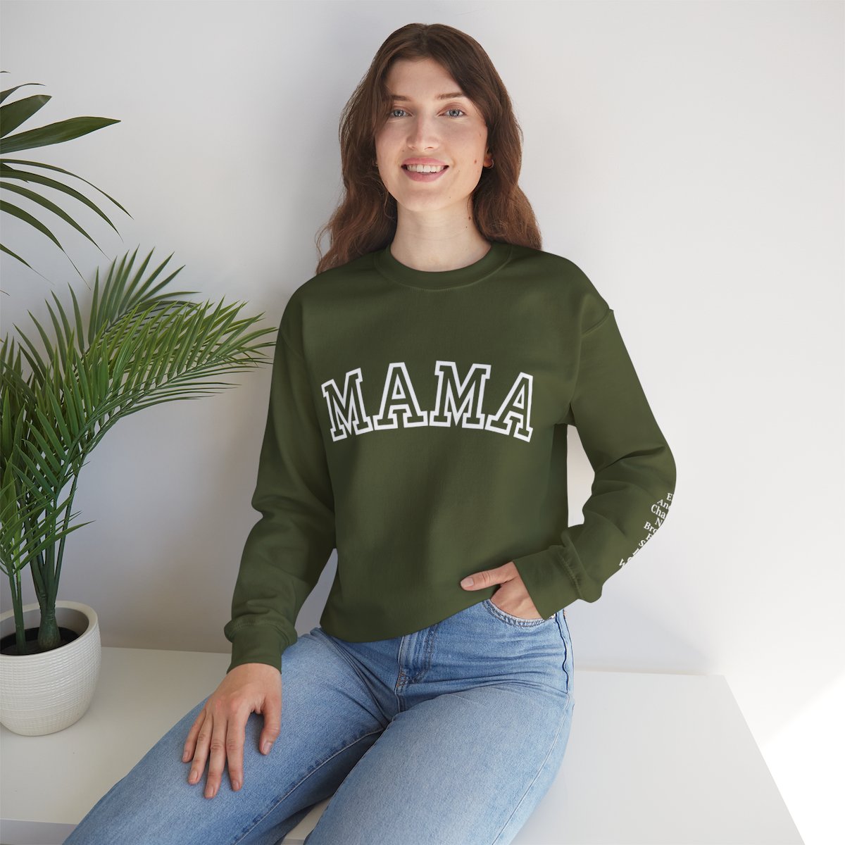 Personalized Mama Crewneck Sweatshirt With Kids Names on Sleeve