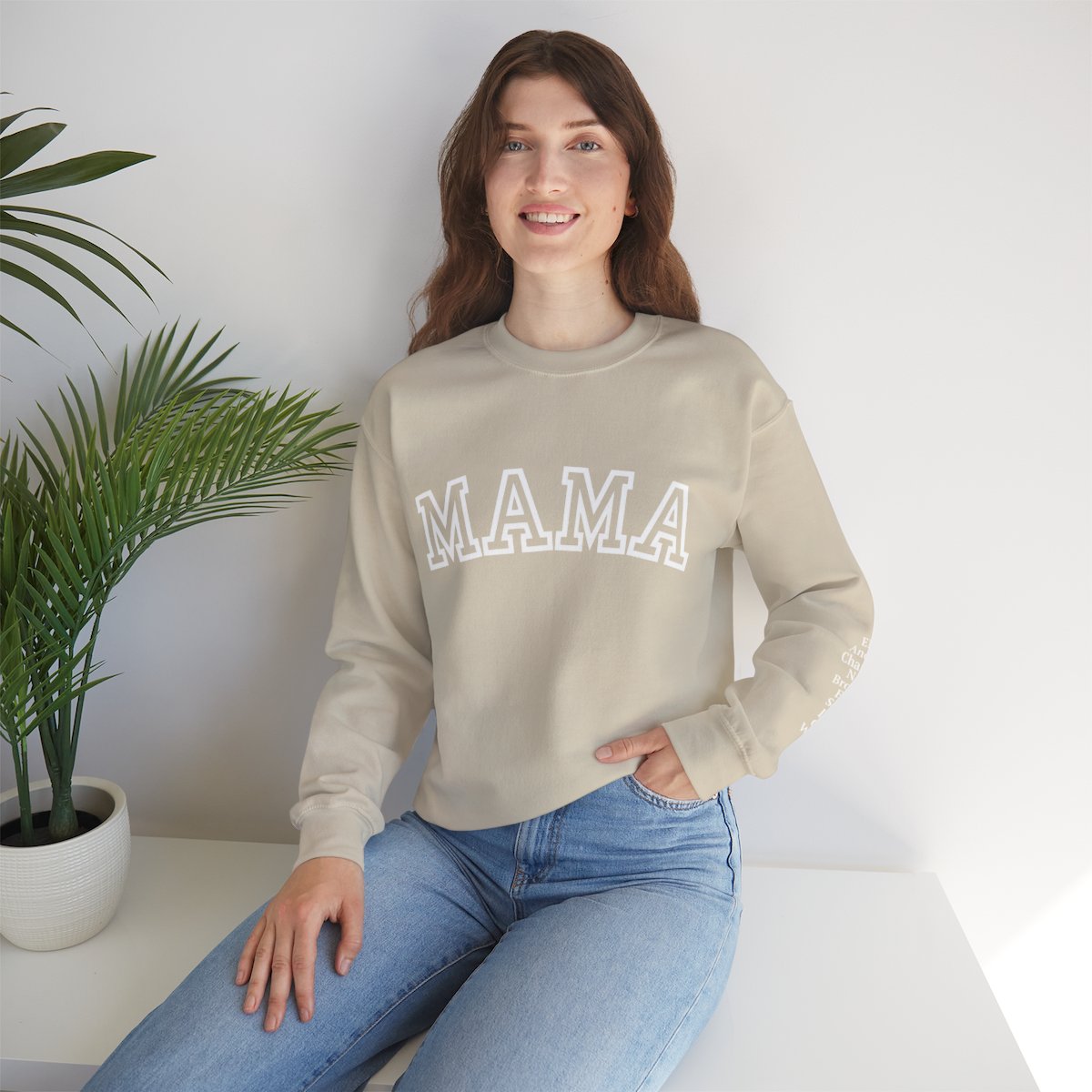 Personalized Mama Crewneck Sweatshirt With Kids Names on Sleeve